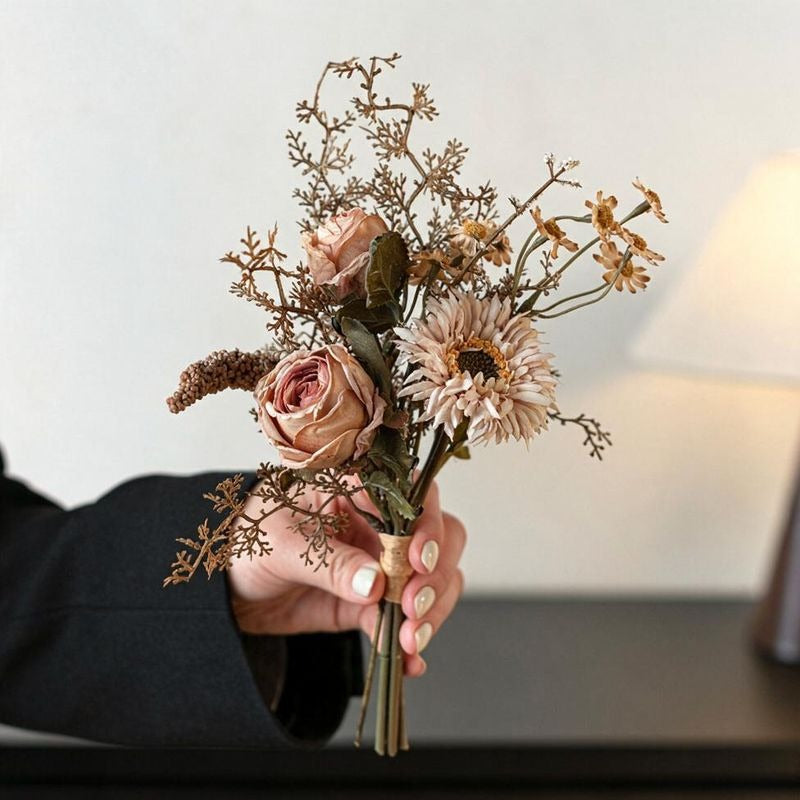 11" Autumn-Inspired Rose and Eucalyptus Bouquet, Faux Silk Floral Arrangement for Weddings, Home Decor, and Events