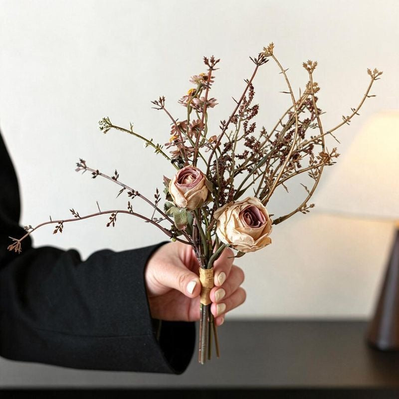 11" Autumn-Inspired Rose and Eucalyptus Bouquet, Faux Silk Floral Arrangement for Weddings, Home Decor, and Events