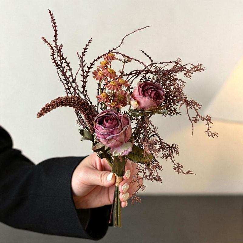 11" Autumn-Inspired Rose and Eucalyptus Bouquet, Faux Silk Floral Arrangement for Weddings, Home Decor, and Events