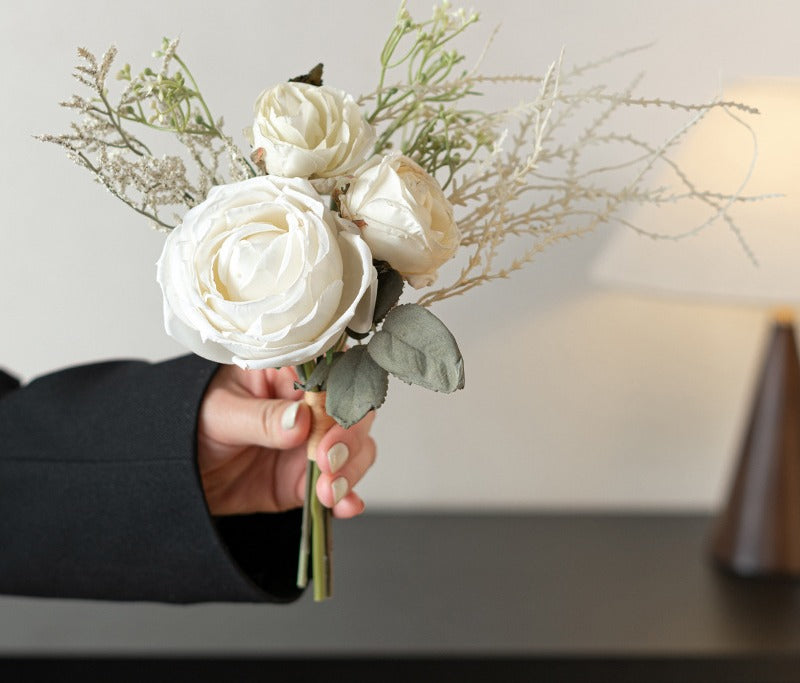 11" Autumn-Inspired Rose and Eucalyptus Bouquet, Faux Silk Floral Arrangement for Weddings, Home Decor, and Events