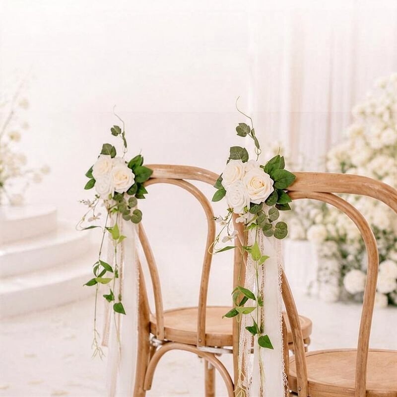 Single Stem Artificial Eucalyptus & Rose Wedding Chair Back Decor, 12 Inches, PE Material, Indoor Outdoor Use