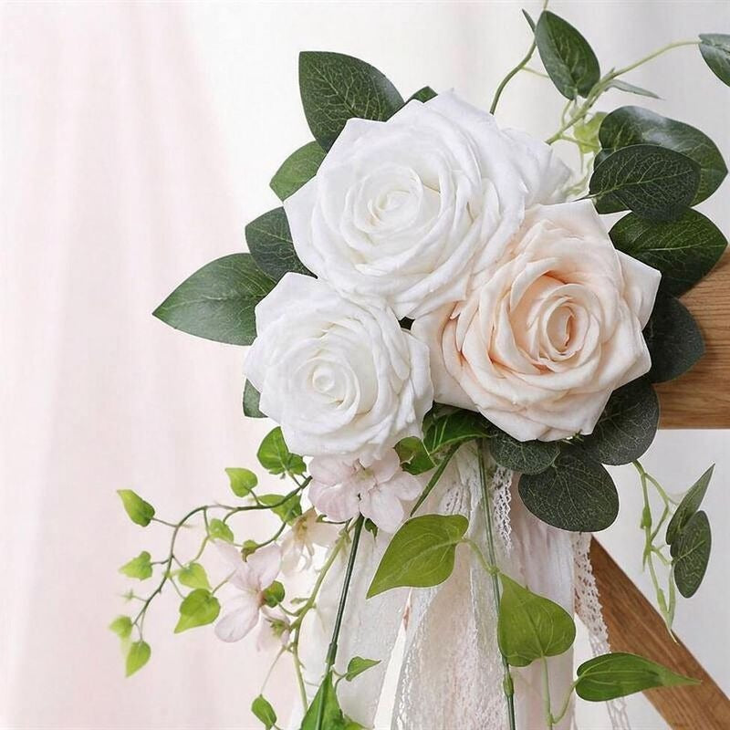 Single Stem Artificial Eucalyptus & Rose Wedding Chair Back Decor, 12 Inches, PE Material, Indoor Outdoor Use