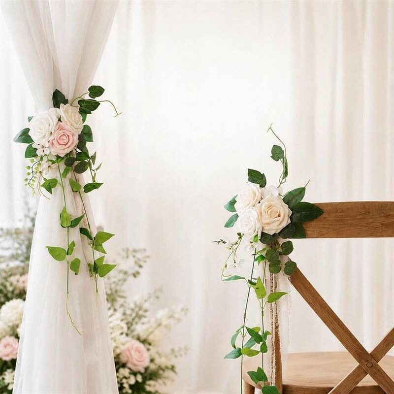 Single Stem Artificial Eucalyptus & Rose Wedding Chair Back Decor, 12 Inches, PE Material, Indoor Outdoor Use