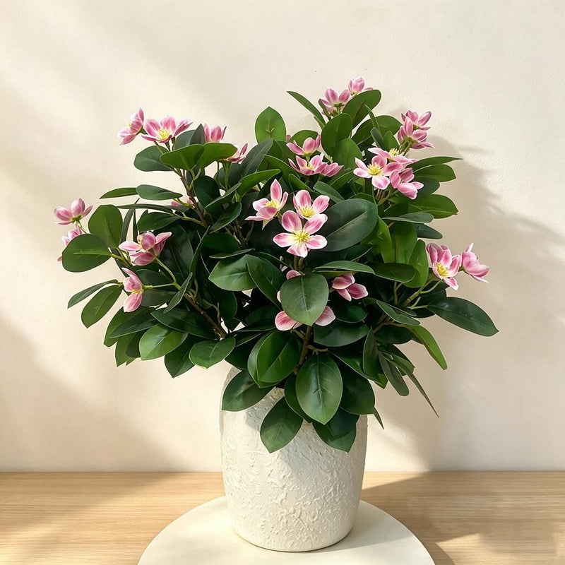 Artificial Camellia & Peach Blossom Bush, 24" Tall Faux Floral Arrangement for Home Decor, Weddings & Office