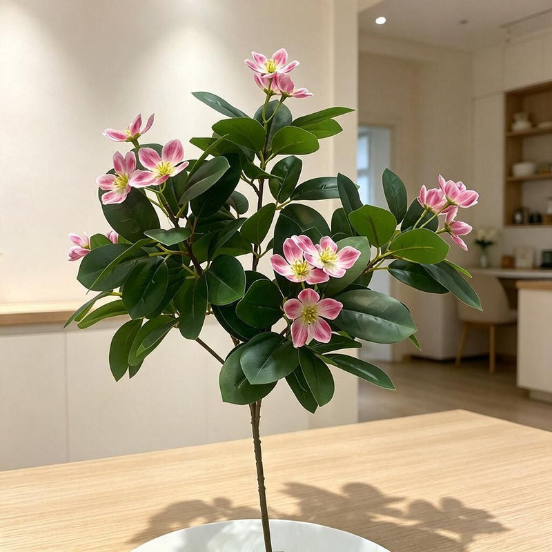 Artificial Camellia & Peach Blossom Bush, 24" Tall Faux Floral Arrangement for Home Decor, Weddings & Office