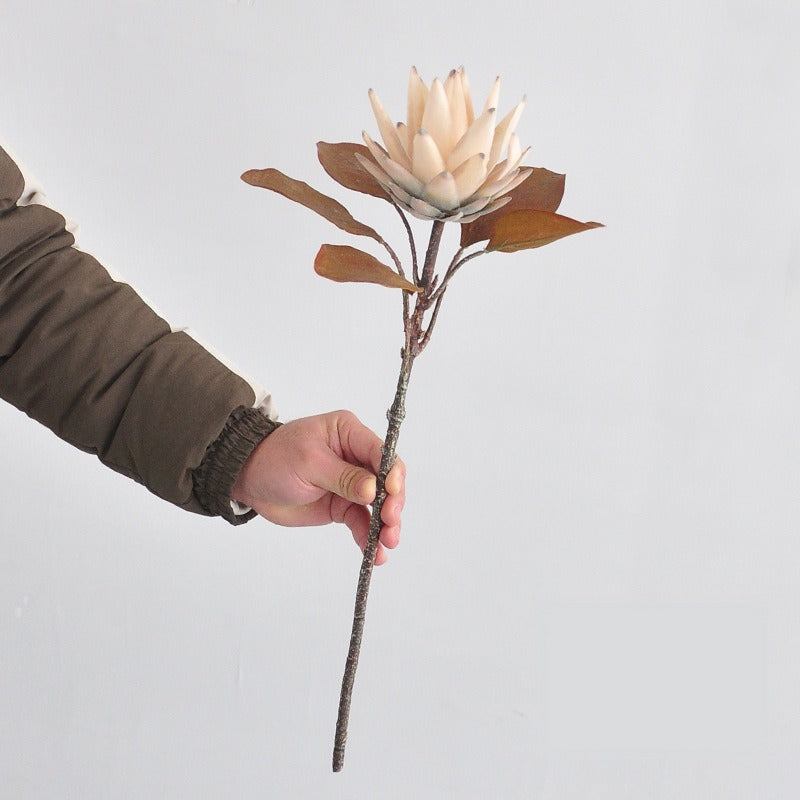 Single Stem Artificial Protea Flower in Caramel Tone, Retro Home Decor, 20" Tall, Silk-Like Fabric