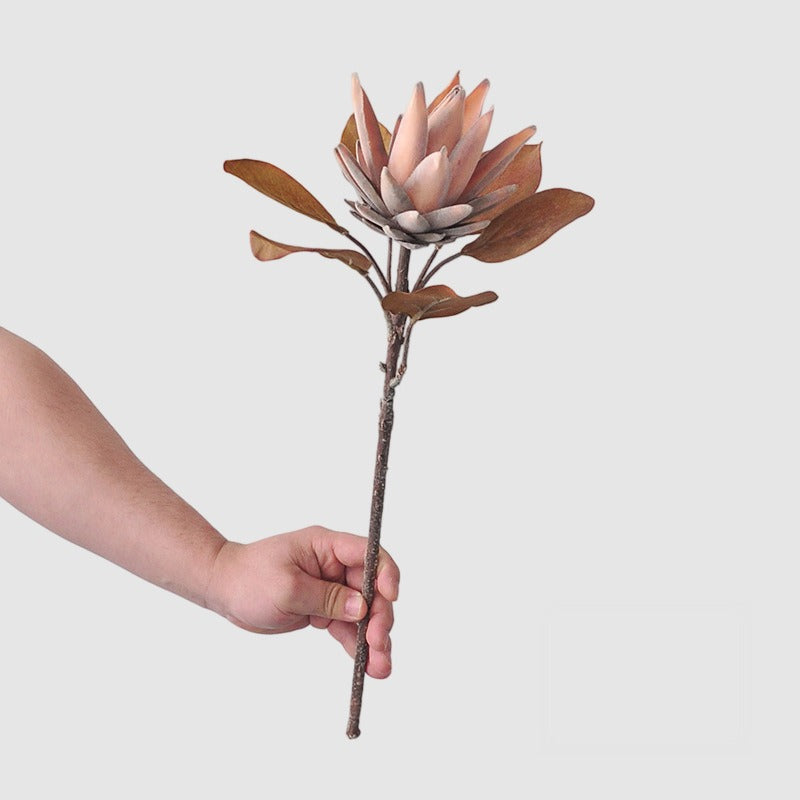 Single Stem Artificial Protea Flower in Caramel Tone, Retro Home Decor, 20" Tall, Silk-Like Fabric