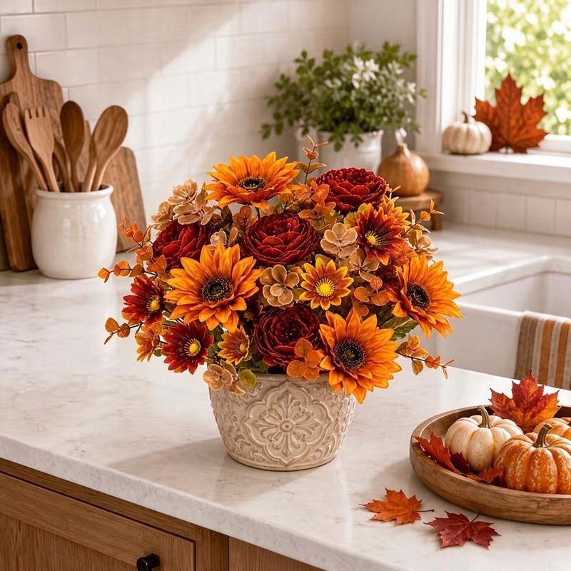 13" Artificial Sunflower Bush with 6 Blooms, Realistic Plastic Flowers for Home Decor, Weddings & Events