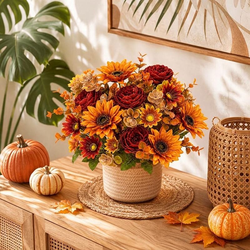 13" Artificial Sunflower Bush with 6 Blooms, Realistic Plastic Flowers for Home Decor, Weddings & Events