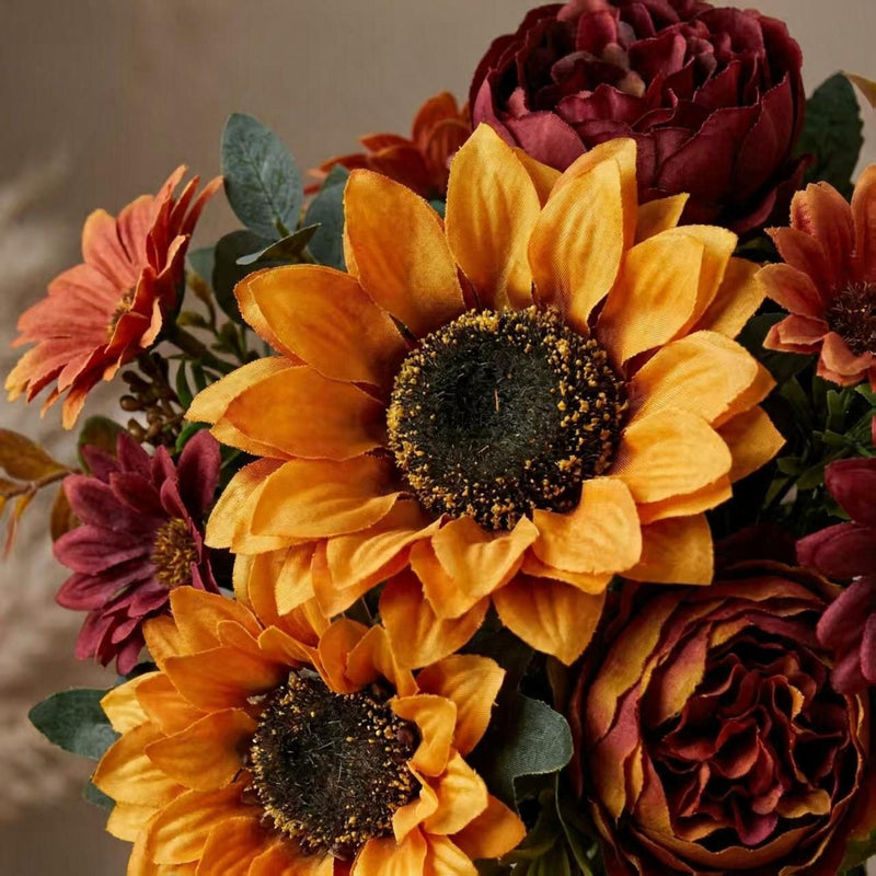 13" Artificial Sunflower Bush with 6 Blooms, Realistic Plastic Flowers for Home Decor, Weddings & Events