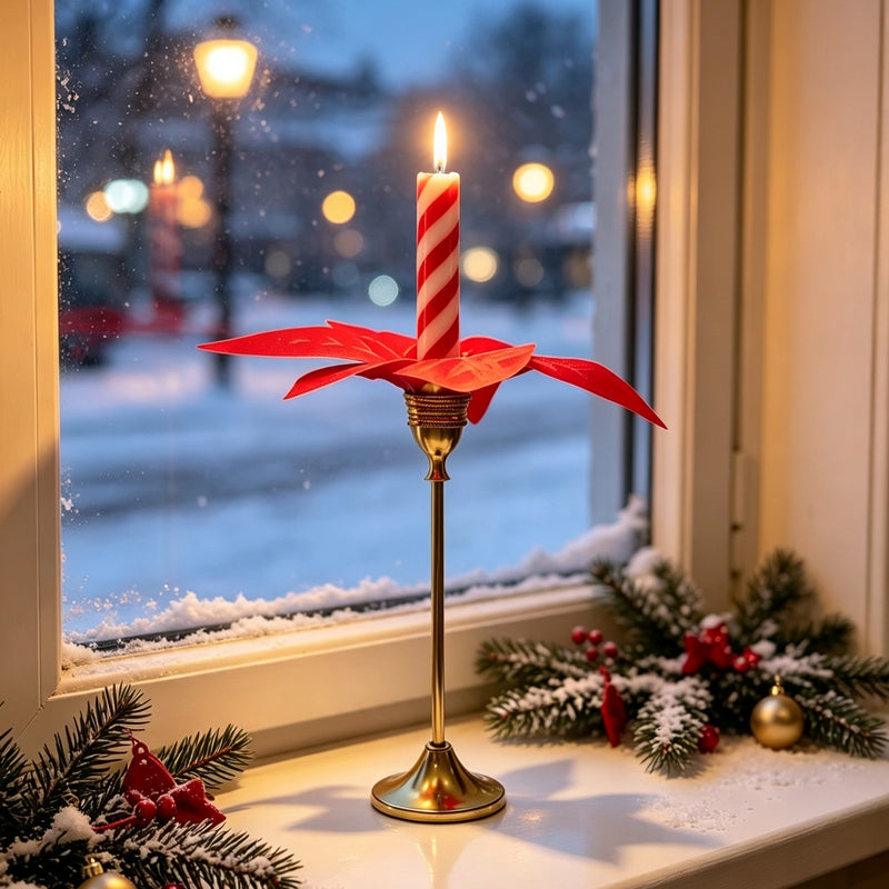 Brass Gold Metal Taper Candle Holder with Faux Poinsettia, Christmas Decorative Centerpiece