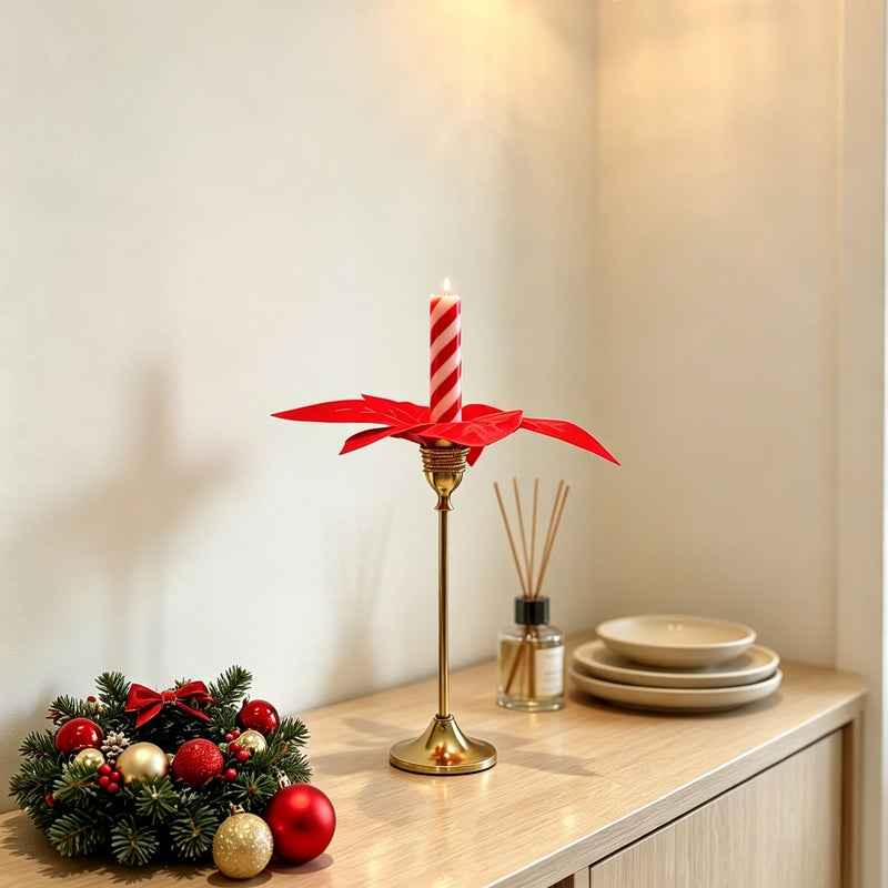 Brass Gold Metal Taper Candle Holder with Faux Poinsettia, Christmas Decorative Centerpiece