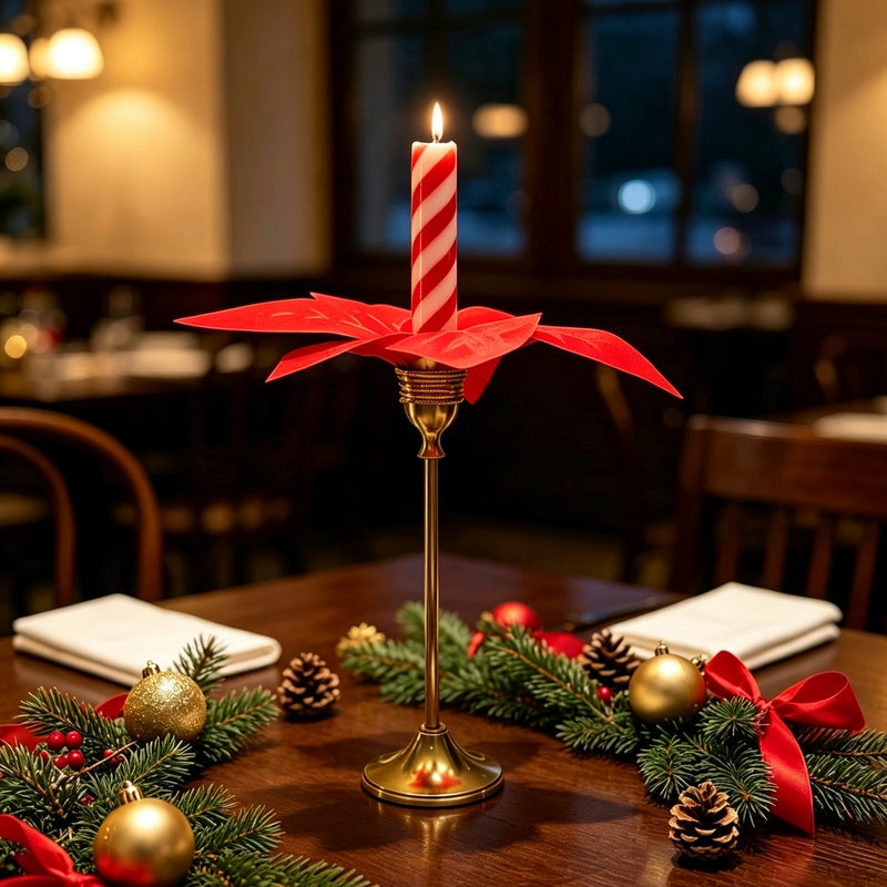 Brass Gold Metal Taper Candle Holder with Faux Poinsettia, Christmas Decorative Centerpiece