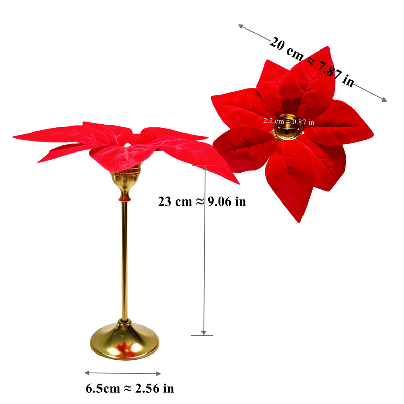 Brass Gold Metal Taper Candle Holder with Faux Poinsettia, Christmas Decorative Centerpiece