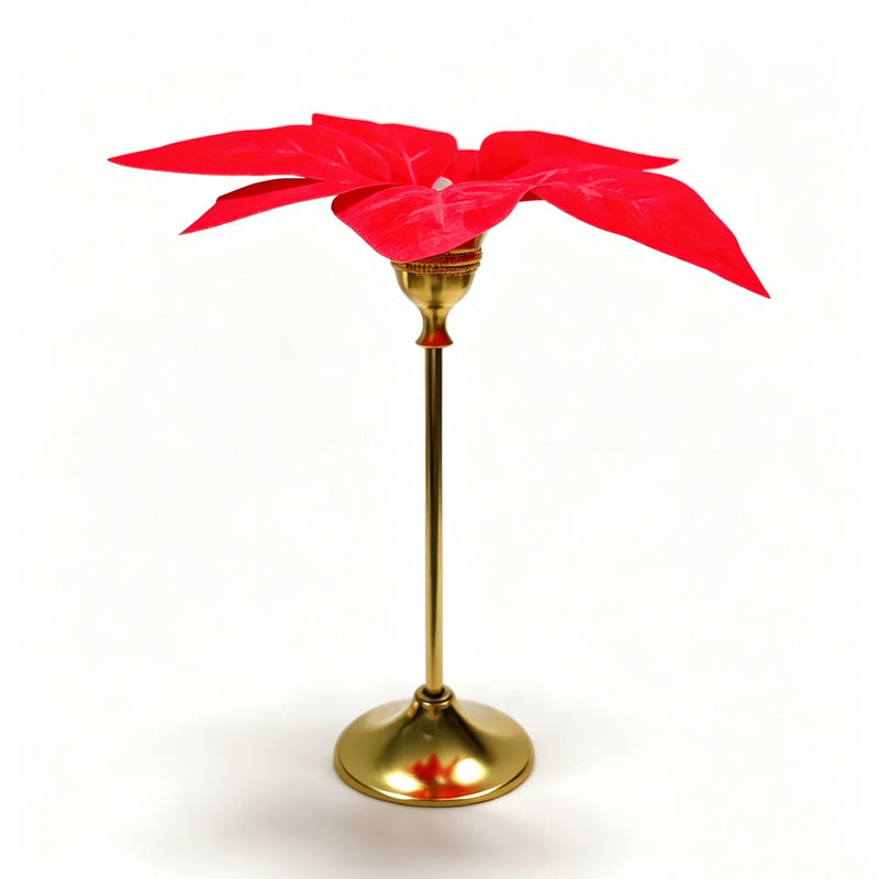 Brass Gold Metal Taper Candle Holder with Faux Poinsettia, Christmas Decorative Centerpiece