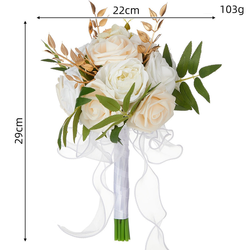 Hand-Tied Bouquet with 7 Rose Blooms, 11.4" Tall, Rustic Style, Perfect for Weddings and Indoor Décor