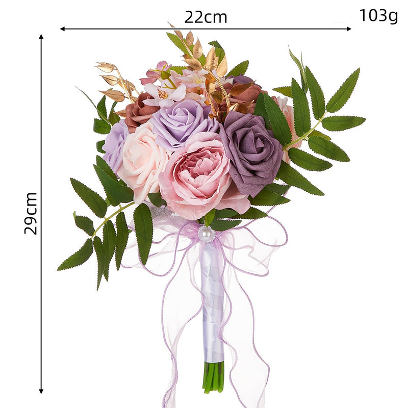 Hand-Tied Bouquet with 7 Rose Blooms, 11.4" Tall, Rustic Style, Perfect for Weddings and Indoor Décor