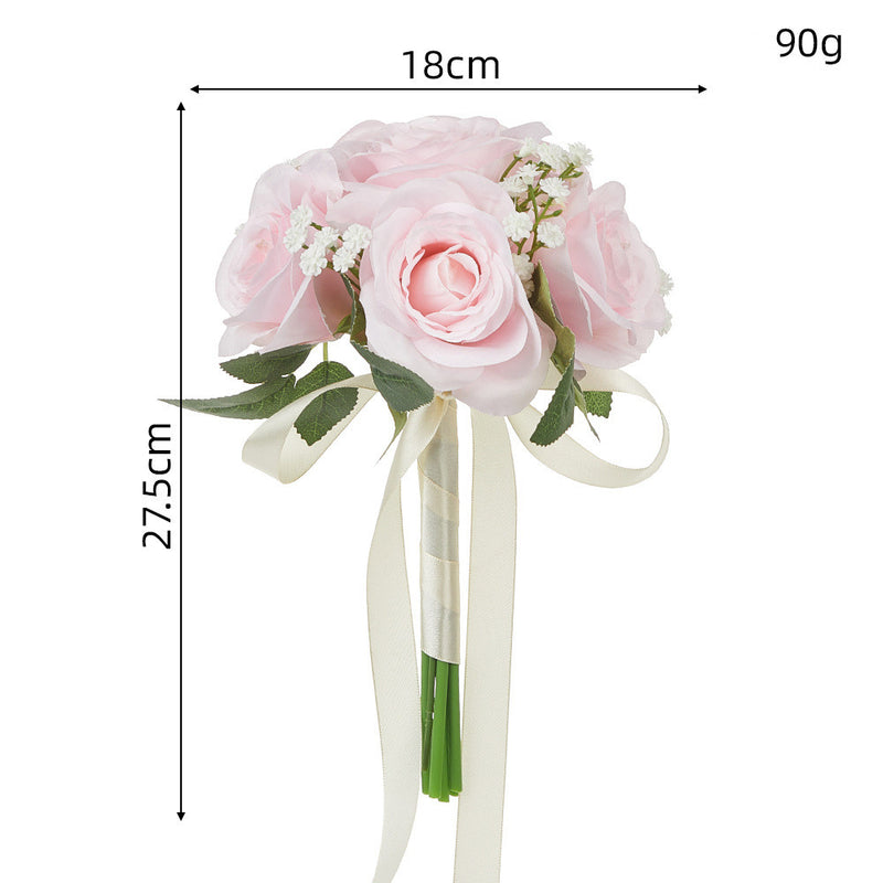 Rustic Rose and Baby’s Breath Bouquet, 11-Inch Silk-Like Fabric Wedding Handheld Flower Bouquet
