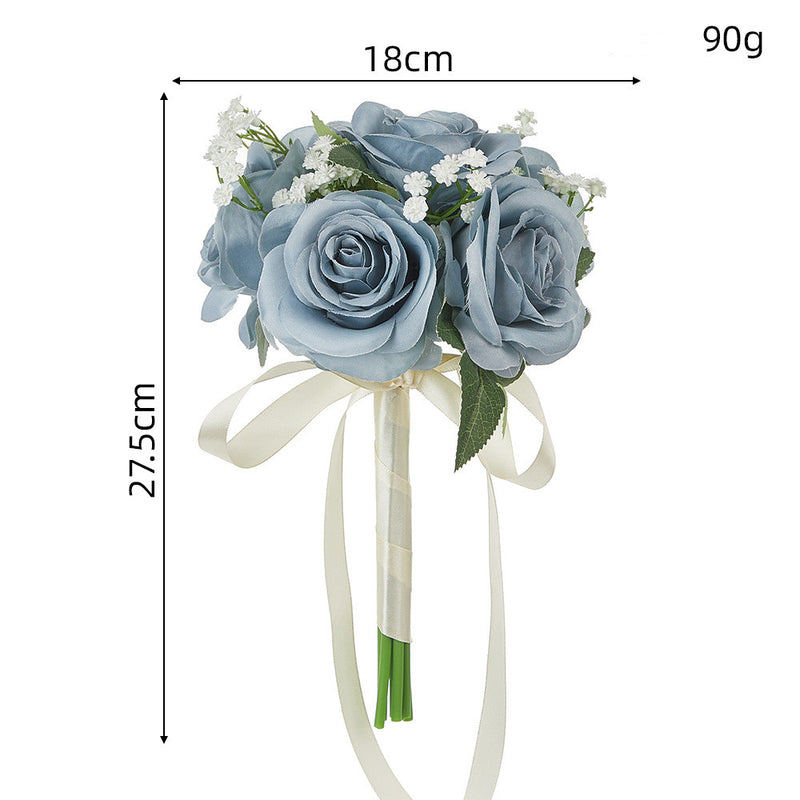 Rustic Rose and Baby’s Breath Bouquet, 11-Inch Silk-Like Fabric Wedding Handheld Flower Bouquet