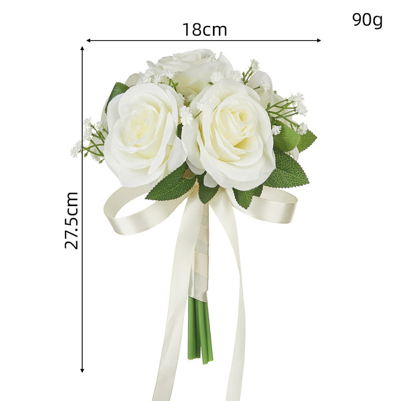 Rustic Rose and Baby’s Breath Bouquet, 11-Inch Silk-Like Fabric Wedding Handheld Flower Bouquet