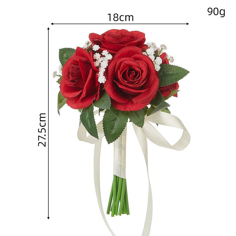 Rustic Rose and Baby’s Breath Bouquet, 11-Inch Silk-Like Fabric Wedding Handheld Flower Bouquet