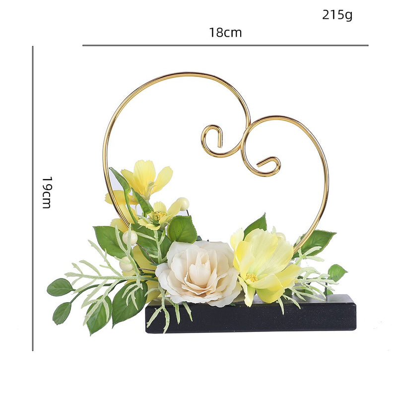 Vintage Heart Ring Holder with Artificial Roses and Daisies, 7.5 Inch, Includes Pot