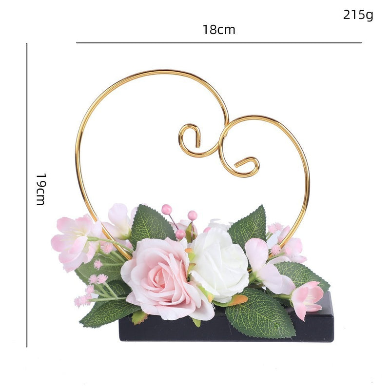 Vintage Heart Ring Holder with Artificial Roses and Daisies, 7.5 Inch, Includes Pot