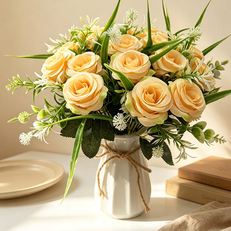 18-Bloom Rose Bush, Modern Farmhouse Style Artificial Flower Bouquet for Home Decor, Weddings, and Events