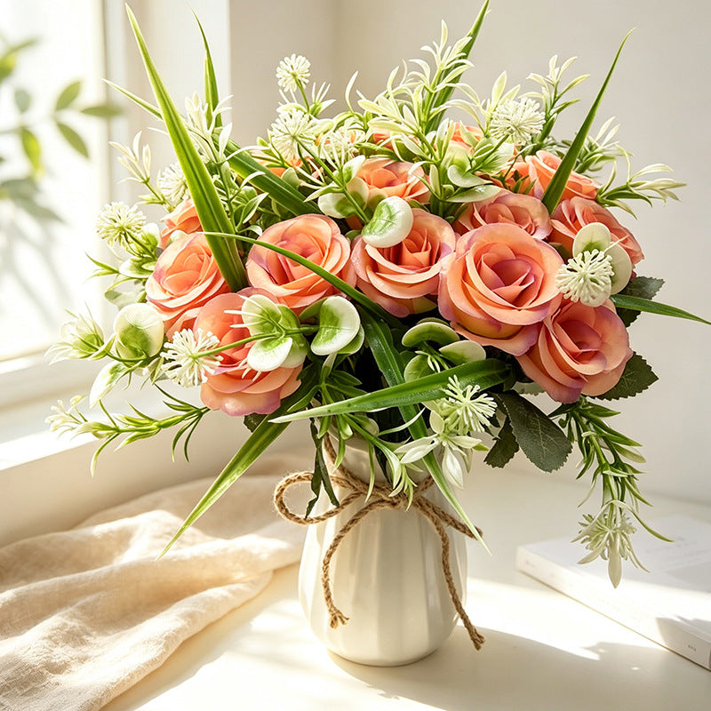 18-Bloom Rose Bush, Modern Farmhouse Style Artificial Flower Bouquet for Home Decor, Weddings, and Events
