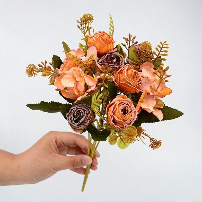 Artificial Rose Bush with 6 Blooms, 12" Tall, Faux Silk Flowers, Wedding, Home Decor, Office, Outdoor