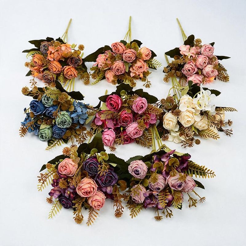 Artificial Rose Bush with 6 Blooms, 12" Tall, Faux Silk Flowers, Wedding, Home Decor, Office, Outdoor