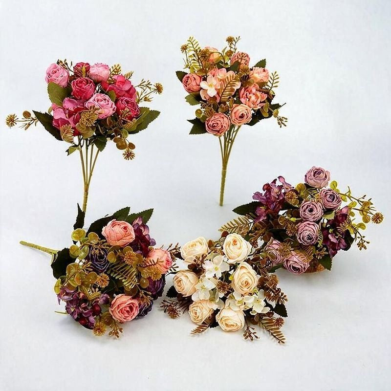 Artificial Rose Bush with 6 Blooms, 12" Tall, Faux Silk Flowers, Wedding, Home Decor, Office, Outdoor