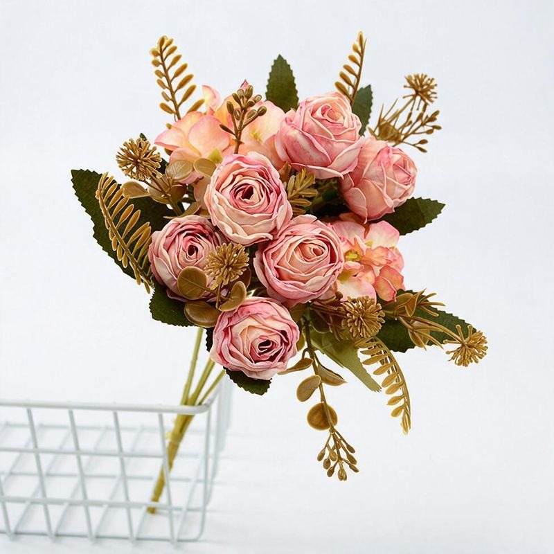 Artificial Rose Bush with 6 Blooms, 12" Tall, Faux Silk Flowers, Wedding, Home Decor, Office, Outdoor