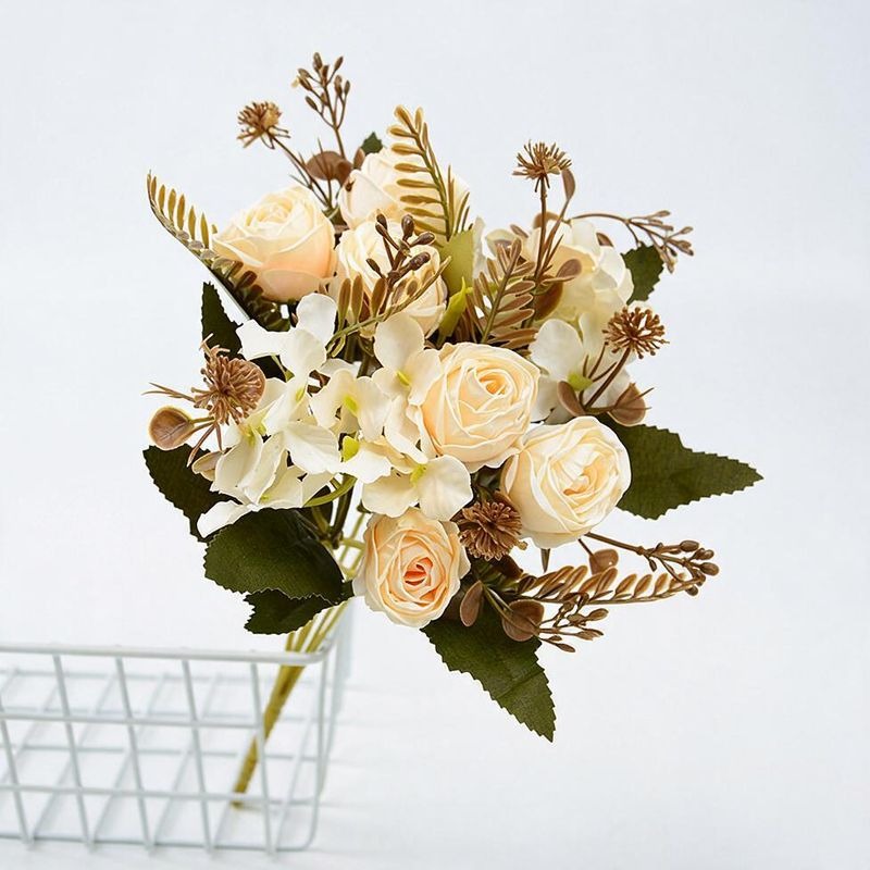 Artificial Rose Bush with 6 Blooms, 12" Tall, Faux Silk Flowers, Wedding, Home Decor, Office, Outdoor