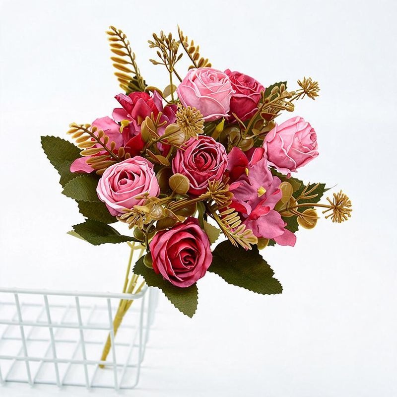 Artificial Rose Bush with 6 Blooms, 12" Tall, Faux Silk Flowers, Wedding, Home Decor, Office, Outdoor