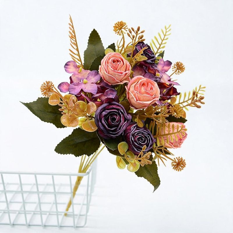 Artificial Rose Bush with 6 Blooms, 12" Tall, Faux Silk Flowers, Wedding, Home Decor, Office, Outdoor