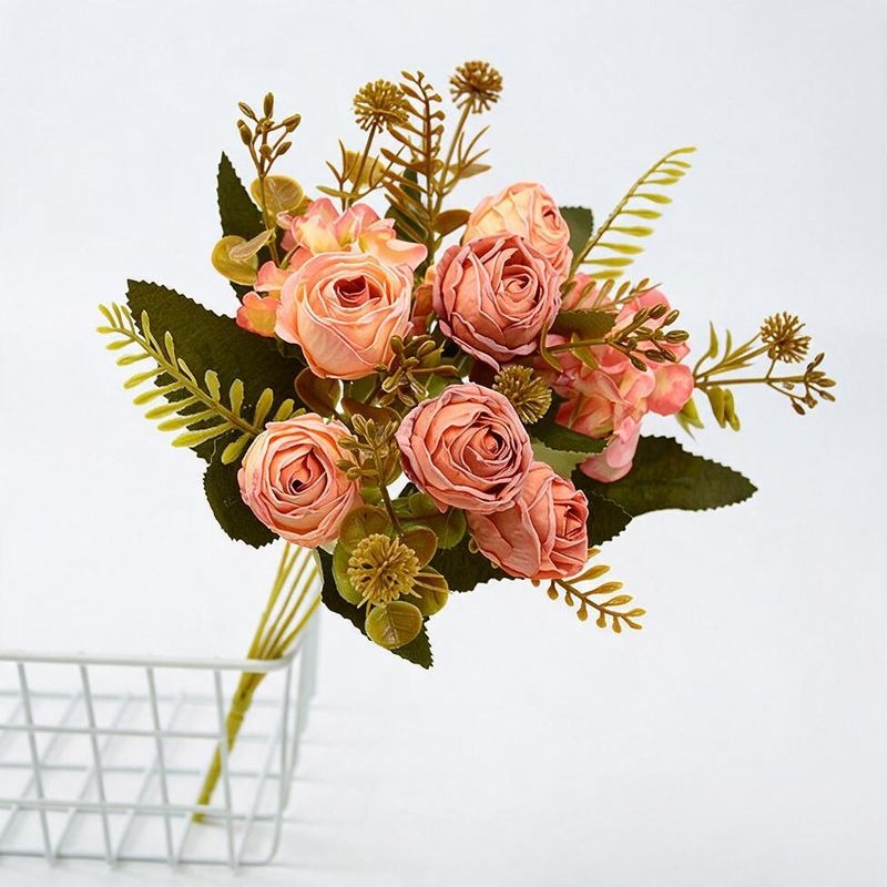 Artificial Rose Bush with 6 Blooms, 12" Tall, Faux Silk Flowers, Wedding, Home Decor, Office, Outdoor