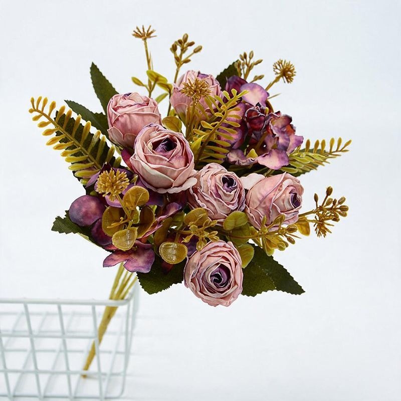 Artificial Rose Bush with 6 Blooms, 12" Tall, Faux Silk Flowers, Wedding, Home Decor, Office, Outdoor