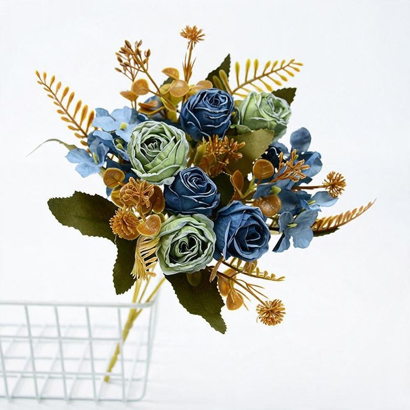 Artificial Rose Bush with 6 Blooms, 12" Tall, Faux Silk Flowers, Wedding, Home Decor, Office, Outdoor