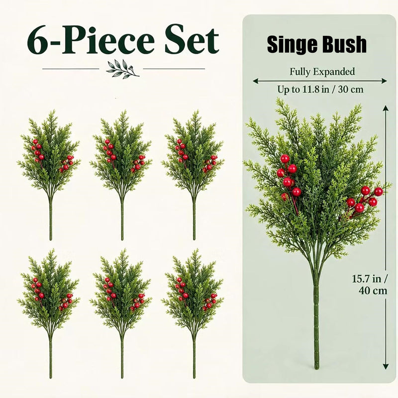 Artificial Cedar Bush with Red Berries, 16" Green Faux Christmas Foliage, 6-Branch Bendable Stems for DIY Holiday Decor