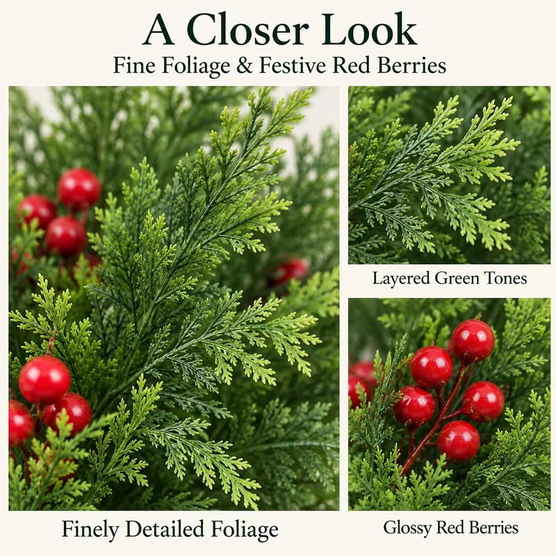 Artificial Cedar Bush with Red Berries, 16" Green Faux Christmas Foliage, 6-Branch Bendable Stems for DIY Holiday Decor