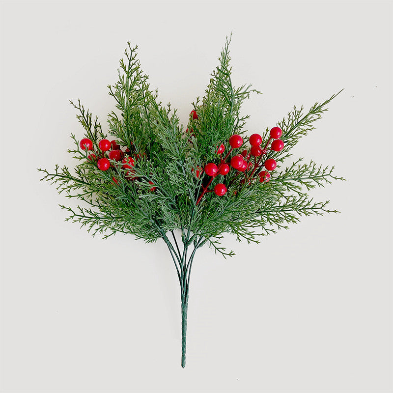Artificial Cedar Bush with Red Berries, 16" Green Faux Christmas Foliage, 6-Branch Bendable Stems for DIY Holiday Decor