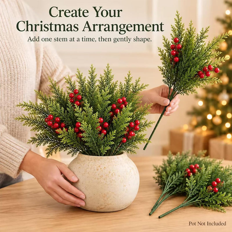 Artificial Cedar Bush with Red Berries, 16" Green Faux Christmas Foliage, 6-Branch Bendable Stems for DIY Holiday Decor