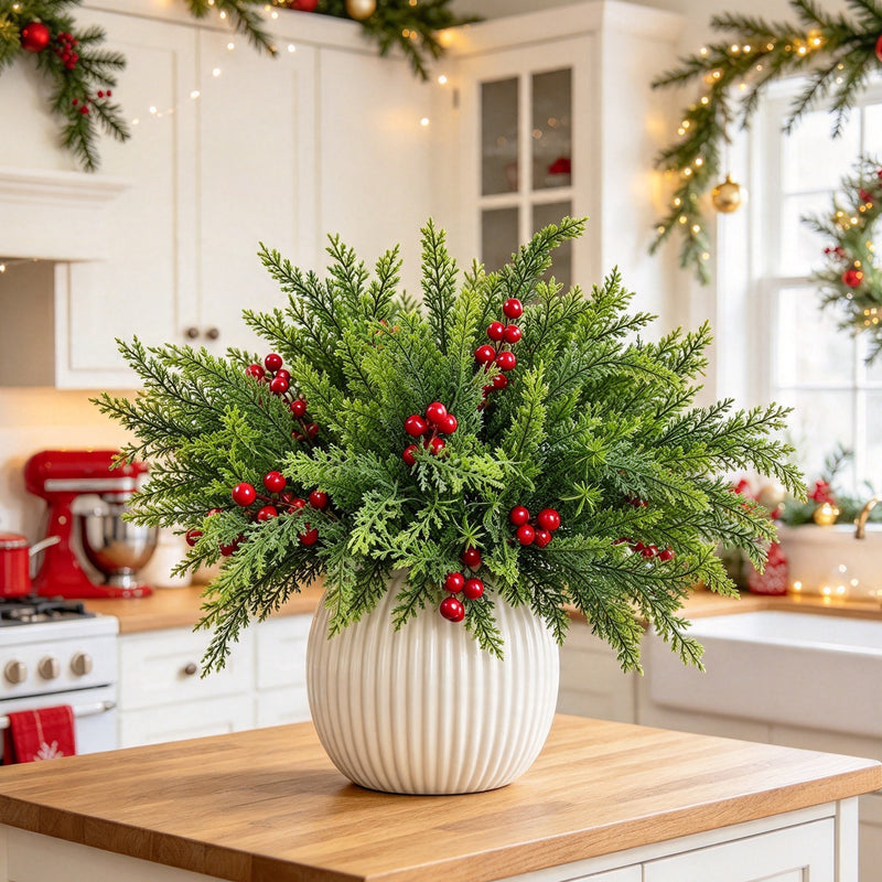 Artificial Cedar Bush with Red Berries, 16" Green Faux Christmas Foliage, 6-Branch Bendable Stems for DIY Holiday Decor