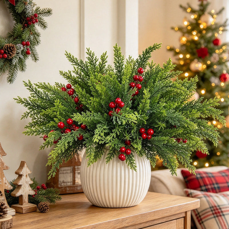 Artificial Cedar Bush with Red Berries, 16" Green Faux Christmas Foliage, 6-Branch Bendable Stems for DIY Holiday Decor