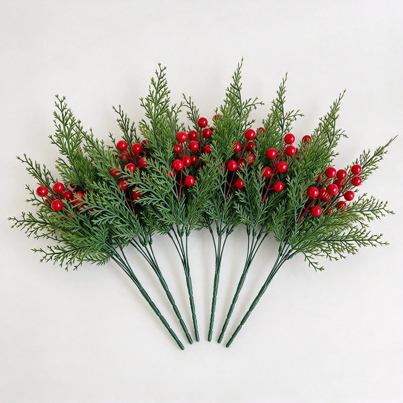 Artificial Cedar Bush with Red Berries, 16" Green Faux Christmas Foliage, 6-Branch Bendable Stems for DIY Holiday Decor