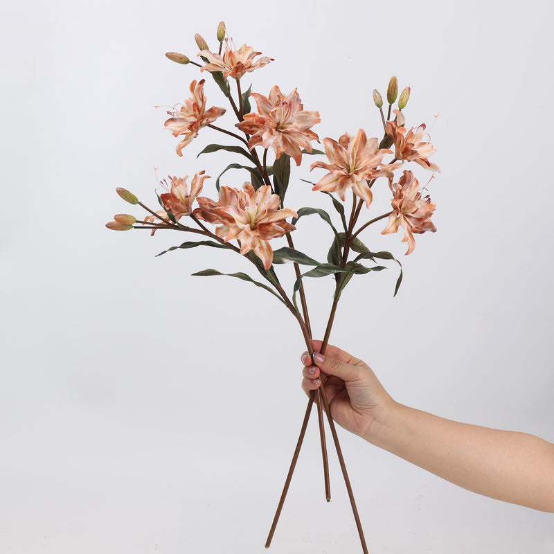 23" Double-Petaled Lily Bush with 3 Blooms, Silk-Like Fabric, Retro Style Artificial Flowers for Weddings & Home Decor