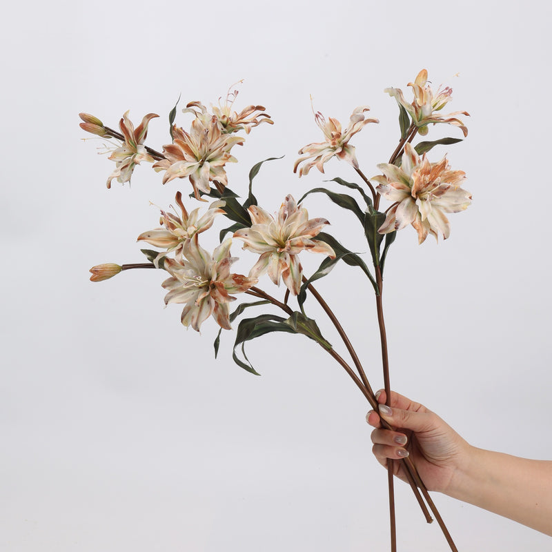 23" Double-Petaled Lily Bush with 3 Blooms, Silk-Like Fabric, Retro Style Artificial Flowers for Weddings & Home Decor