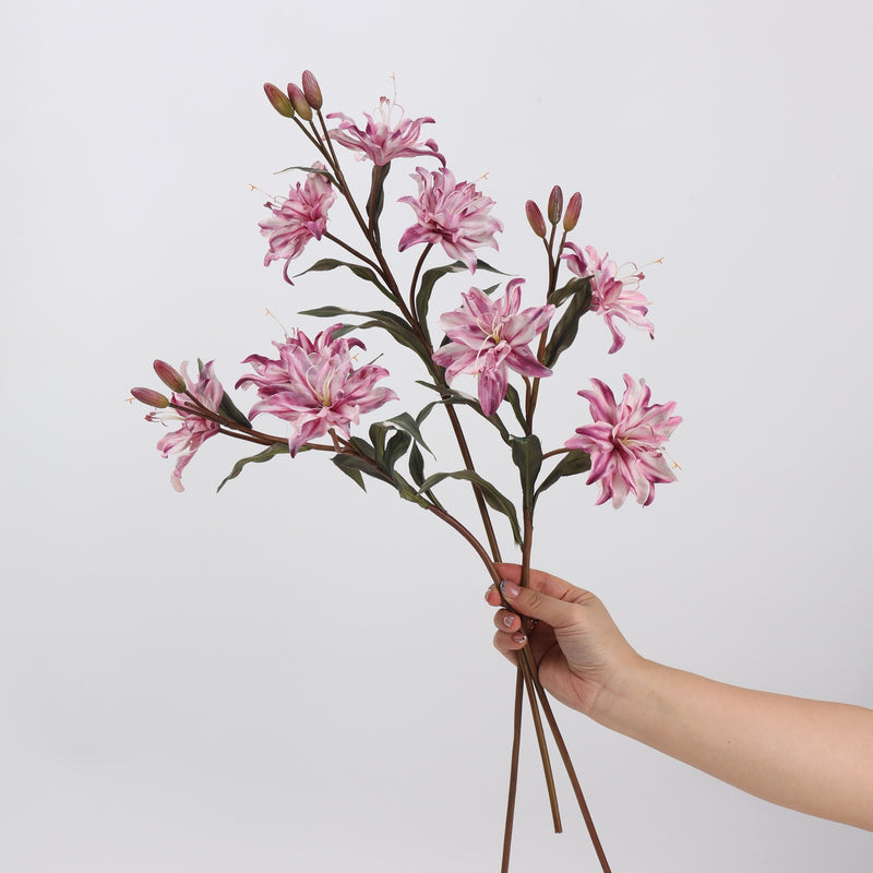 23" Double-Petaled Lily Bush with 3 Blooms, Silk-Like Fabric, Retro Style Artificial Flowers for Weddings & Home Decor