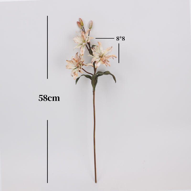 23" Double-Petaled Lily Bush with 3 Blooms, Silk-Like Fabric, Retro Style Artificial Flowers for Weddings & Home Decor